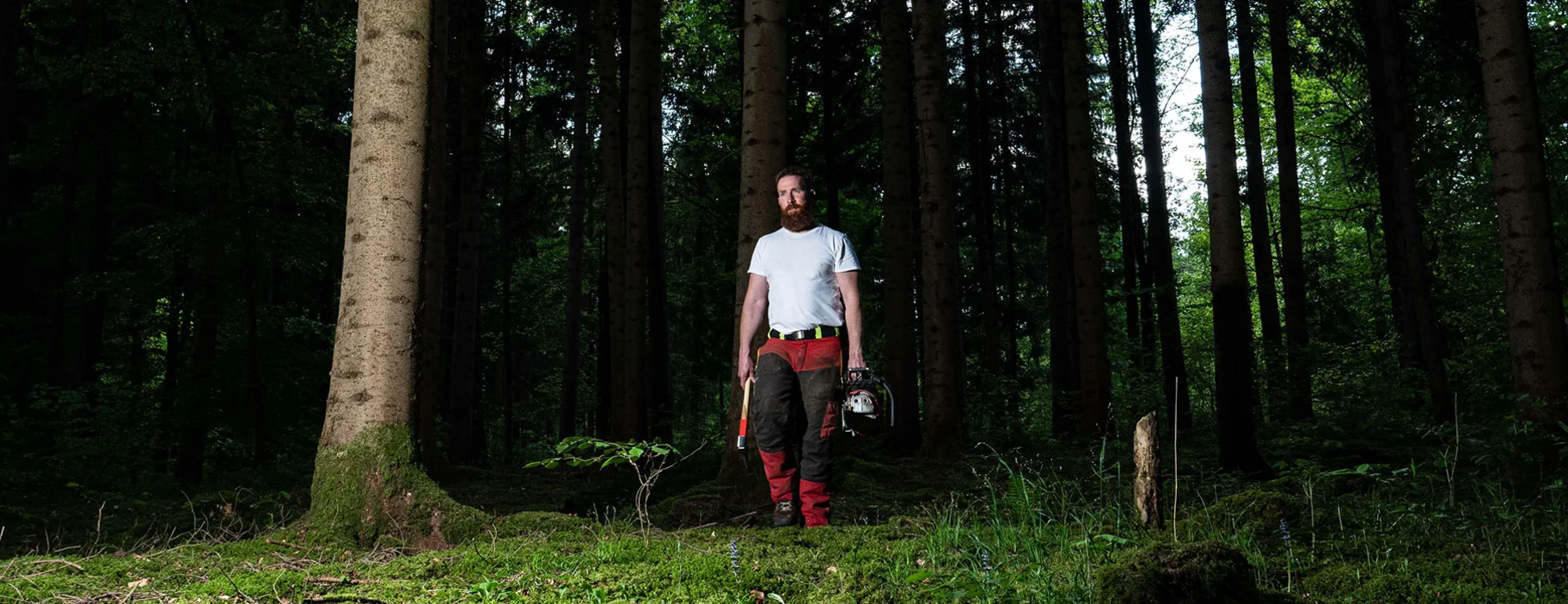 Forstarbeiter mit OCHSENKOPF Axt im Wald