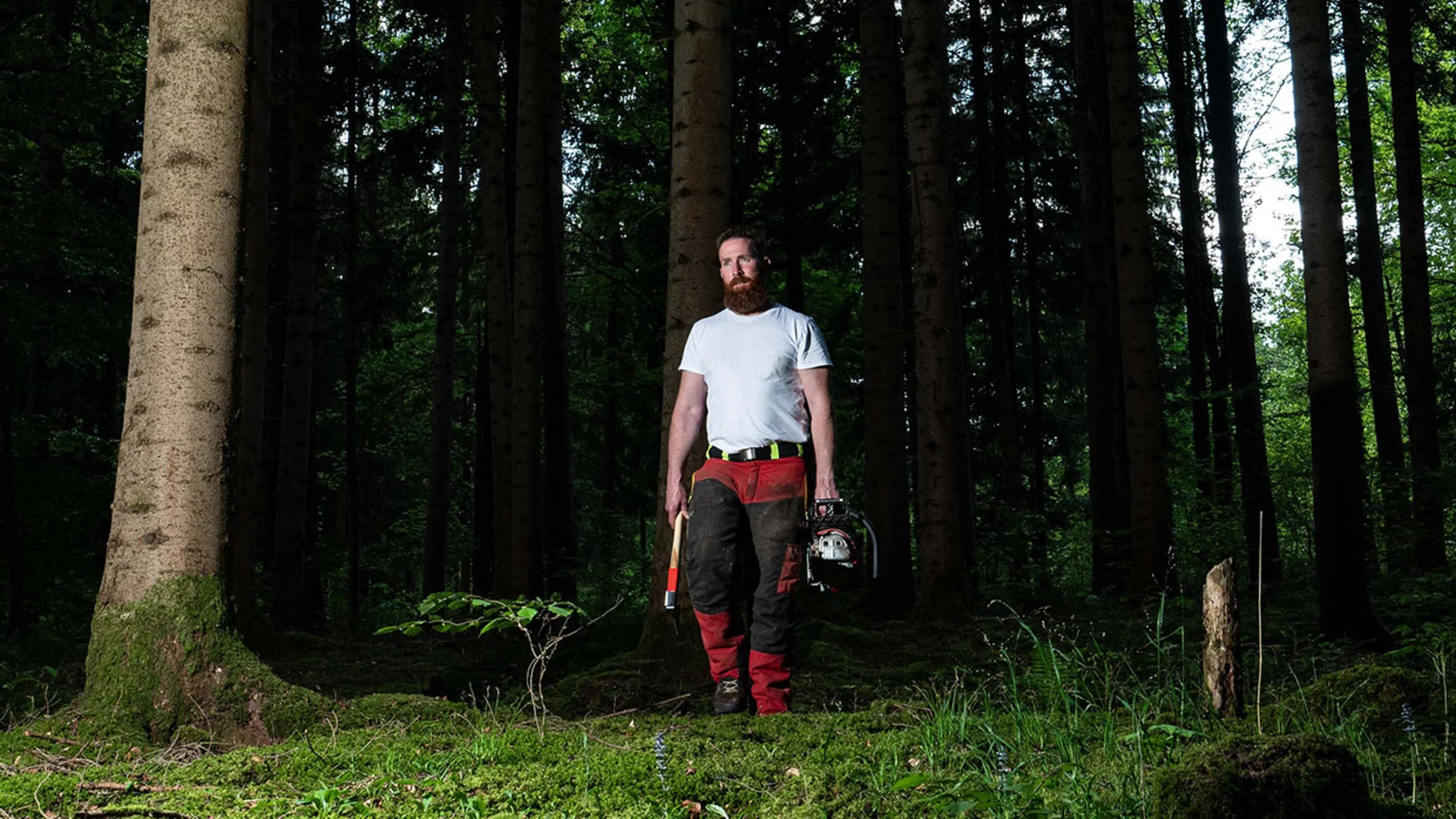 Forstarbeiter mit OCHSENKOPF Axt im Wald