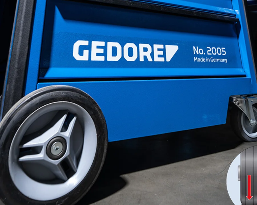 Nahaufnahme Räder des GEDORE Werkzeugwagen 2005 und technische Zeichnung zu den Rädern