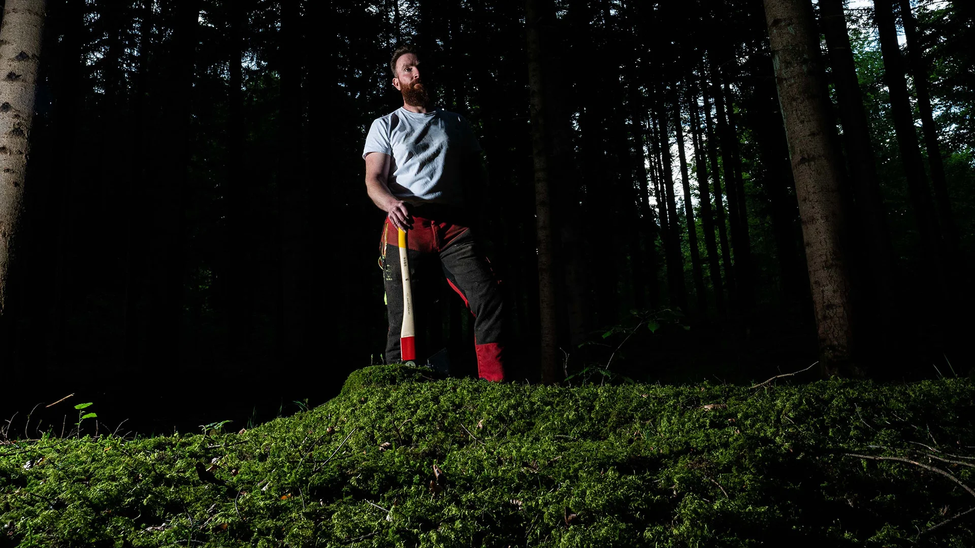 Forstarbeiter mit OCHSENKOPF Axt im Wald auf einem Hügel