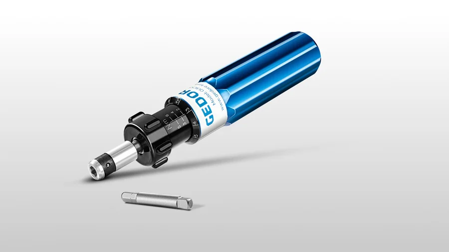 Drehmomentschrauber Typ-S QS 6 FH BLUE auf grauen Hintergrund