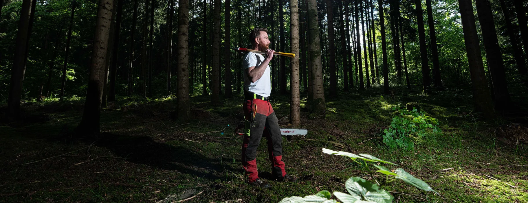 Forstarbeiter mit Axt SPALT FIX von OCHSENKOPF im Wald