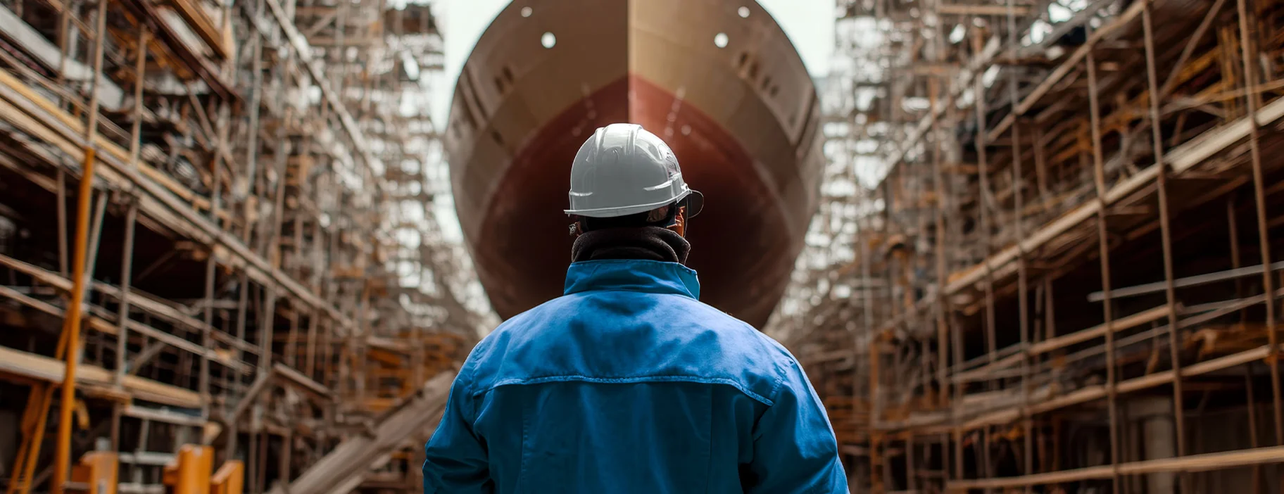 Mitarbeiter einer Werft vor einem Schiff im Trockendock