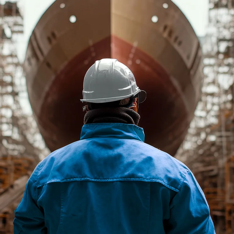 Mitarbeiter einer Werft vor einem Schiff im Trockendock